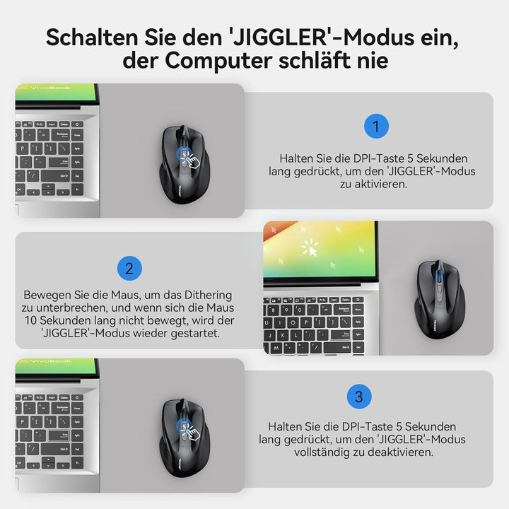 TECKNET Bluetooth Maus mit Jiggler, Wiederaufladbare Maus Kabellos für Laptops(DREI Modi: BT 5.0/3.0