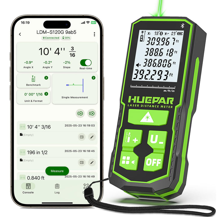 120 m Bluetooth-fähiges grünes Laser-Entfernungsmessgerät mit Winkelsensor, Huepar Laser-Entfernungs