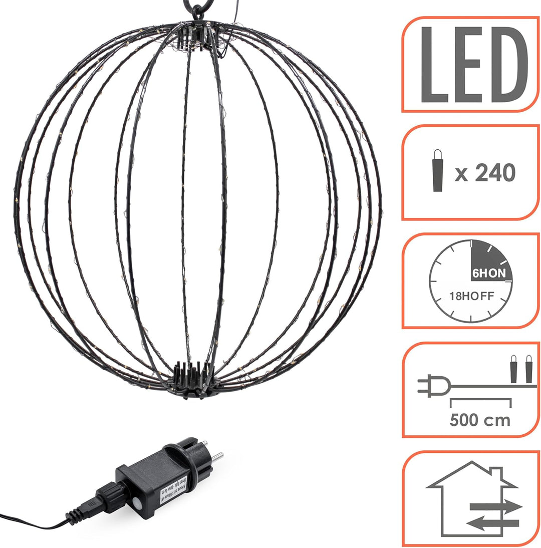 Leuchtkugel zum Hängen 40cm für Aussen | 240 LED, Extra Warm Weiss, Mit Timer und Stecker, Kabelgebu