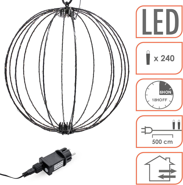 Leuchtkugel zum Hängen 40cm für Aussen | 240 LED, Extra Warm Weiss, Mit Timer und Stecker, Kabelgebu