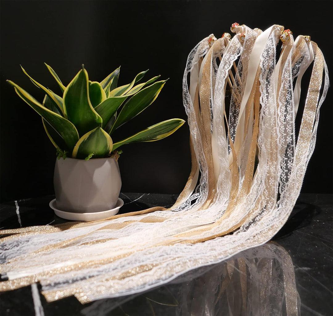 30x Wedding Wands Zauberstäbe mit Glocken,Spitzen Luftschlangen Seide Fee Stick,Lace Ivory Ribbon Wa