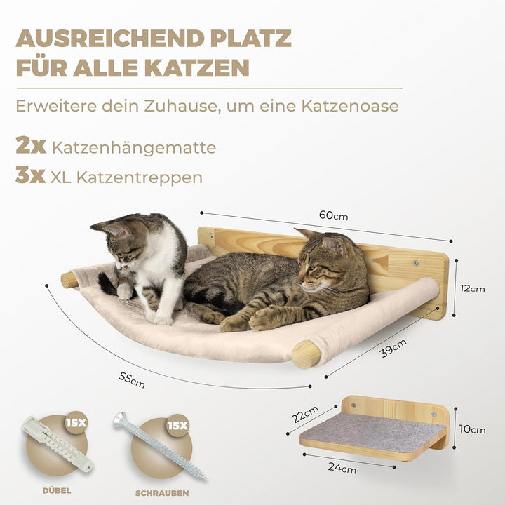 WOOWOOD® Kletterwand Katzen inkl. 2X Katzentreppe Wand [Massivholz] I Kratzbaum Wand I Hängematte Ka