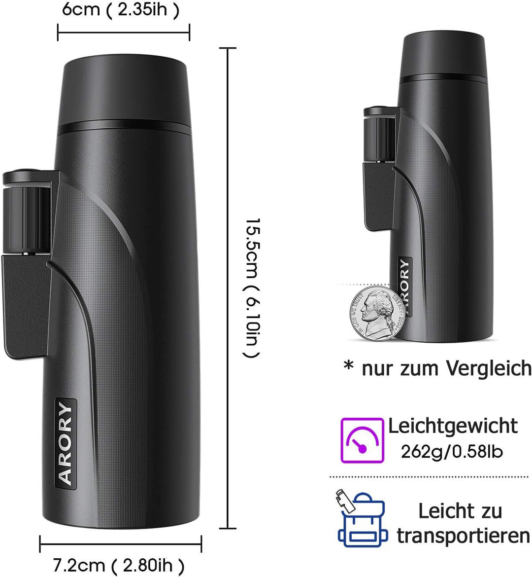 Antik 2000 Fernglas Wasserdicht 12x Vergrösserung für Handy Monokular 12x50 mit Telefonhalterung zur