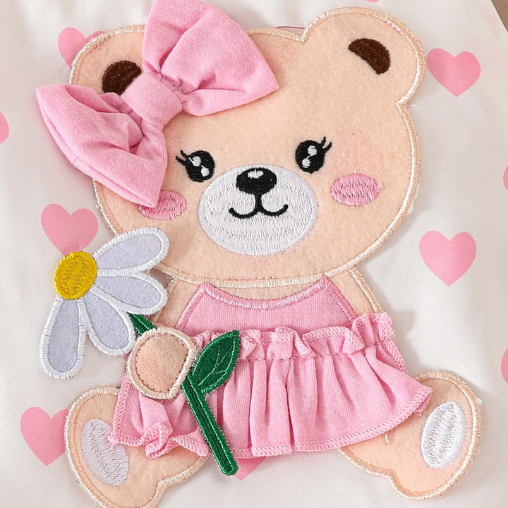 Baby Outfits für Mädchen mit Herz Print kurzärmelig Strampler Hosenträgerrock Bären Kleid Schleife S