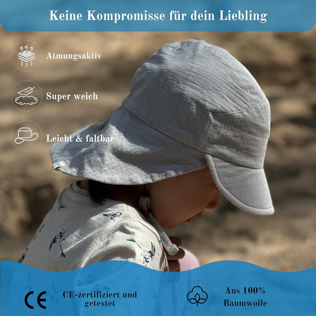 Musselin Schirmütze Sonnenhut mit Nacken- und Ohrenschutz UV-Schutz (UPF 50+) für Babys und Kinder -