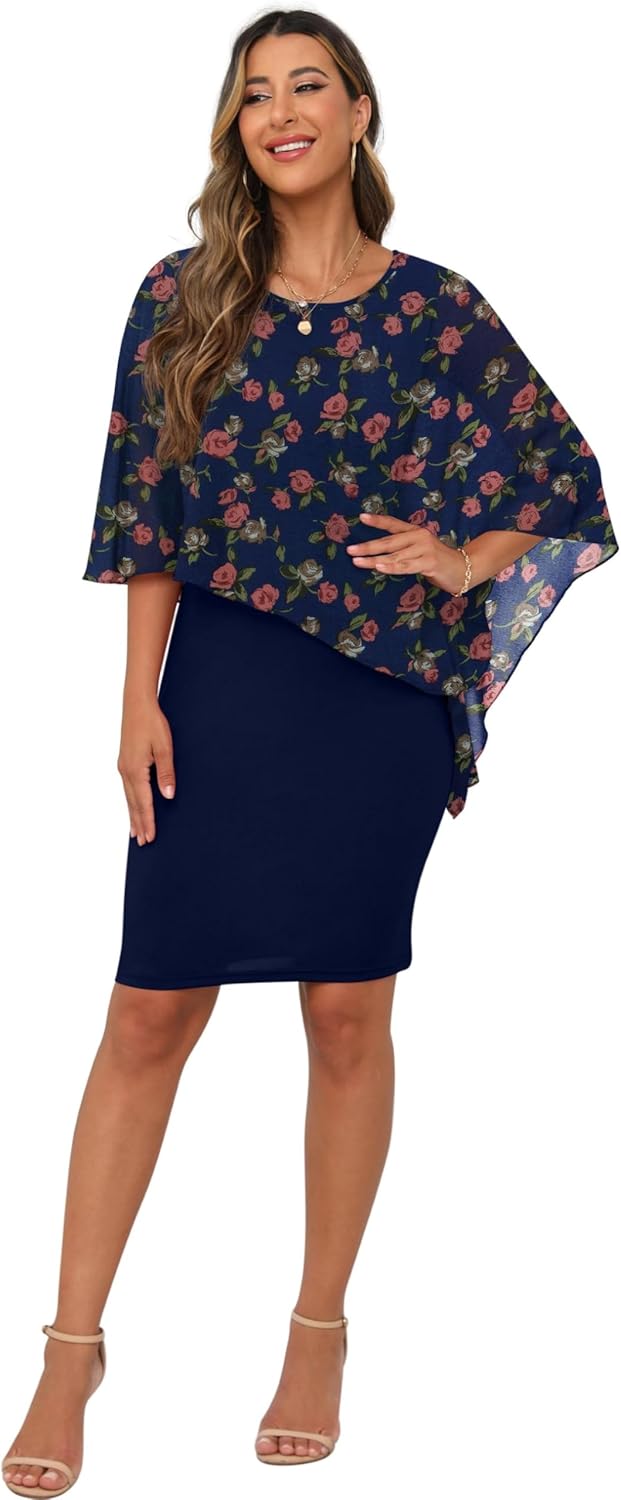 QIXING Damen Chiffon Cape Cocktialkleid Rundhals Ausschnitt Bleistiftkleid Sommerkleid Damen Knielan