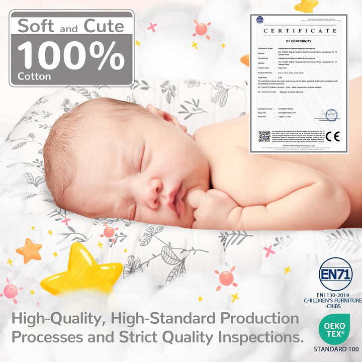EAQ Babynest Nestchen Baby Weiches Atmungsaktives baby bett Blätter Hellgrau, Blätter Hellgrau