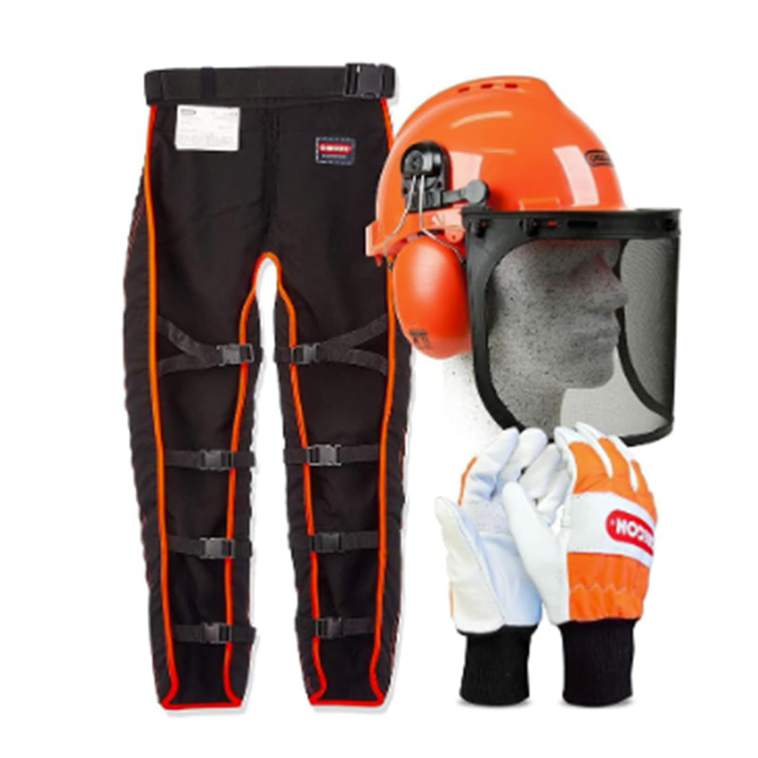 Oregon Type A Chainsaw Safety Clothing Kit with Universal Leggings/Seatless Trousers, Gloves and Hel