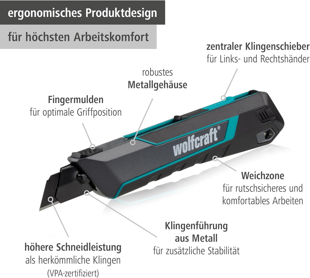 wolfcraft Cuttermesser PRO SAFETY, 18 mm - optimale Ergonomie für Links- und Rechtshänder - extrasch