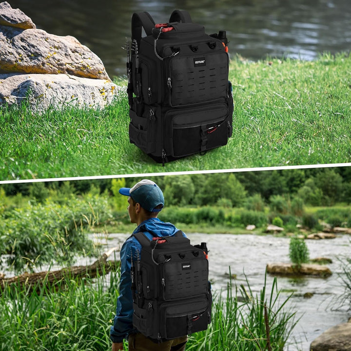 Goture Angelrucksack, 73-Liter Angelzubehör-Rucksack mit Zwei Rutenhaltern und Regenschutz, 600D Oxf