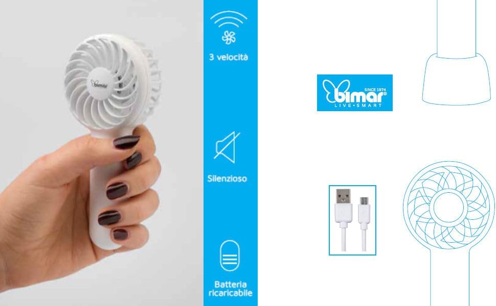 bimar VA50 Mini-Ventilator, tragbar, wiederaufladbar, mit USB-Kabel, Einstellung der Intensität und