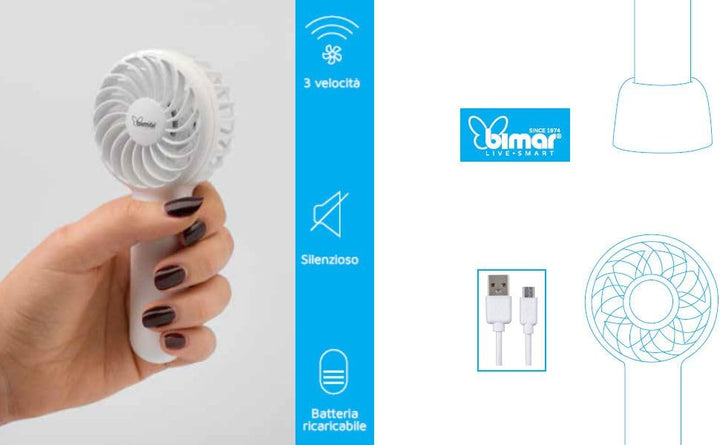 bimar VA50 Mini-Ventilator, tragbar, wiederaufladbar, mit USB-Kabel, Einstellung der Intensität und