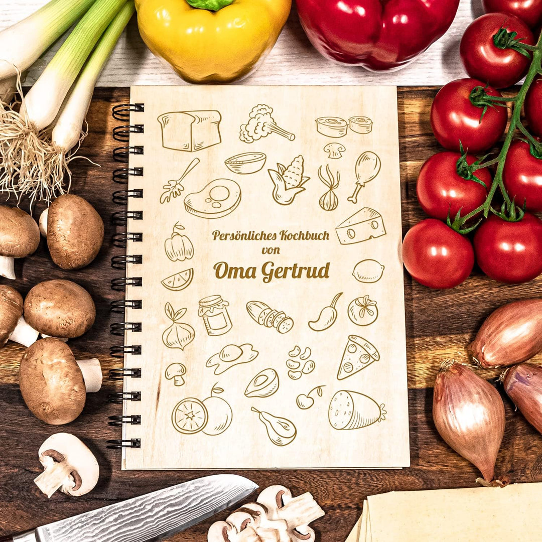 Geschenke 24 | Rezeptbuch zum selberschreiben | Holz-Hardcover mit Gravur (Lebensmittel) | mit Wunsc
