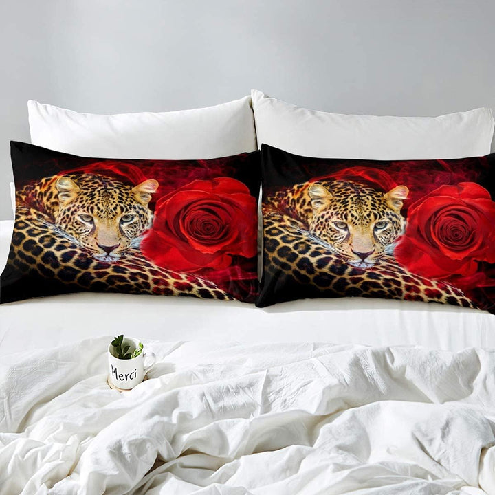 Loussiesd Leopard-Bettwäsche-Set für Mädchen, Jungen Kinder rote Rose Bettwäsche 135x200cm dekorativ