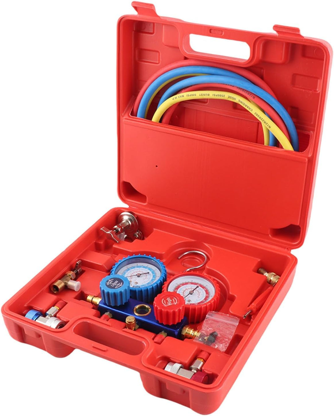 SOULONG R134a Manometer mit dreifarbigen Ladeschläuchen und Adapter, für Klimaanlagen im Auto