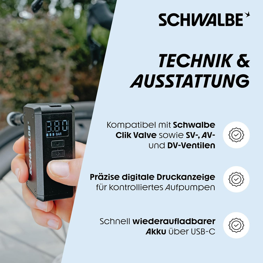 Schwalbe E-Micro Pump, elektrische Mini-Fahrradpumpe 8,3 bar
