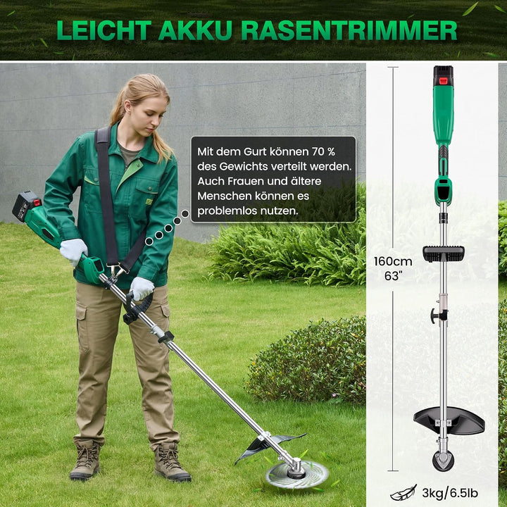 6- IN-1 Rasentrimmer mit Akku, 21V Rasentrimmer Bürstenloser Motor, 2 x 4.5Ah Batterien Akku Motorse