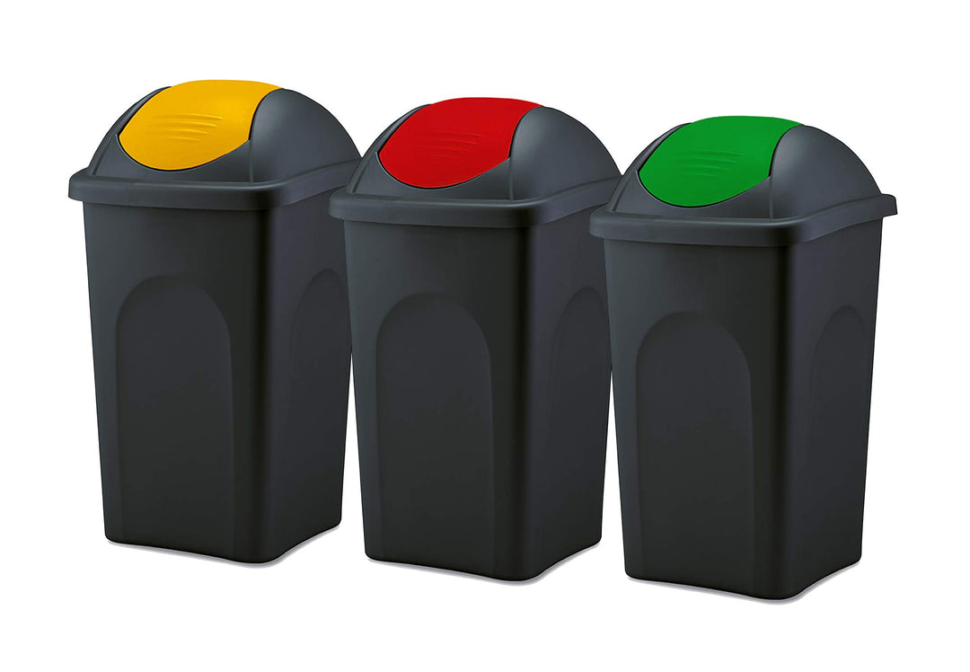 BigDean 3x Mülleimer gross 60L - schwarz - mit Schwingdeckel gelb, rot & grün - aus Kunststoff - Mül