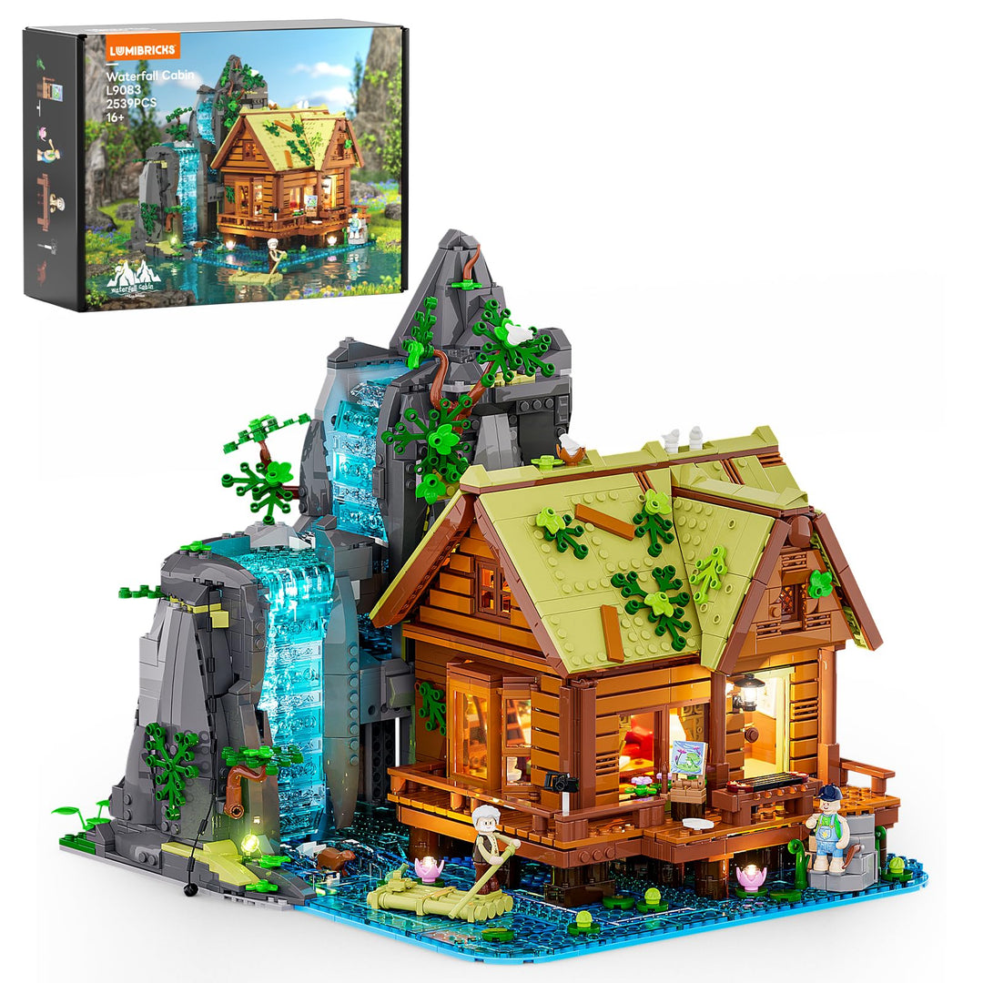 Lumibricks Waterfall Cabin Bauset mit Licht – 2539 Teile Retro Holzhaus mit beweglichem Wasserfall &
