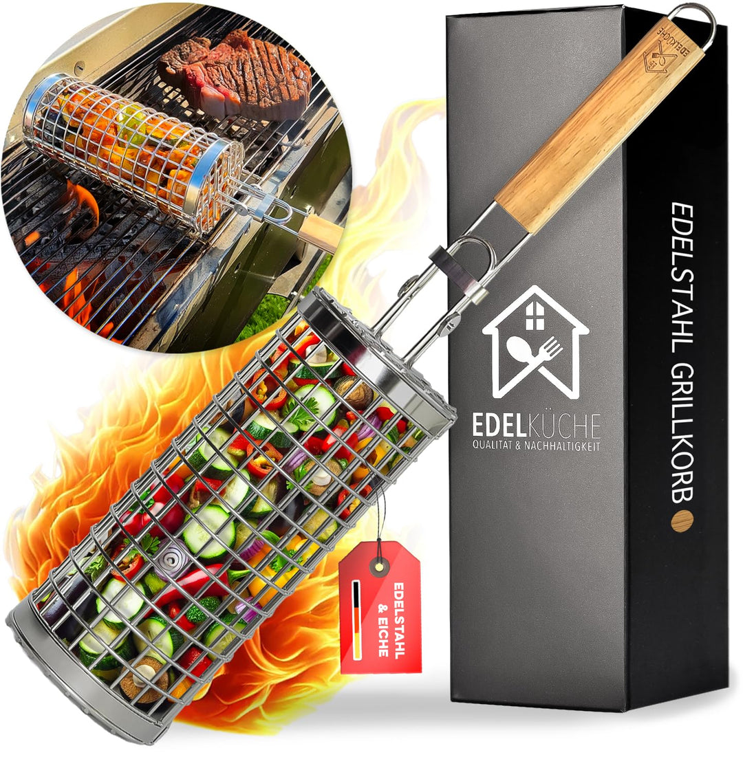 EdelKüche Premium Grillkorb aus Edelstahl für Gemüse und Fleisch | XXL, Rund, Zylindrisch, Gross | D