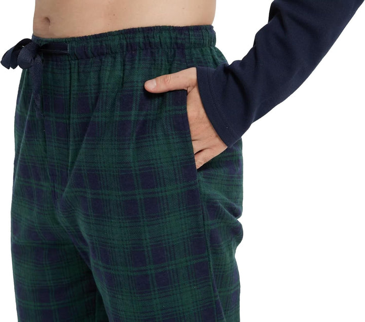 GLOBAL Herren Schlafanzüge Flanell Herren Pyjama Set Baumwolle Langarm-Pullover Oberteil und elastis