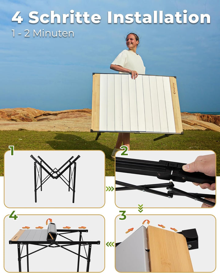 KingCamp Campingtisch klappbar Klapptisch mit Aluminiumrahmen Aufrollbare Tischplatte für 4-8 Person