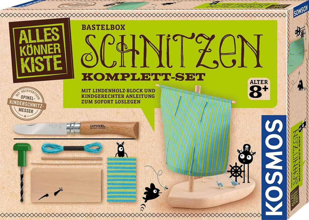 Kosmos 604608 AllesKönnerKiste Schnitzen Komplett-Set, mit Kinder-Schnitzmesser, Lindenholz-Block, B