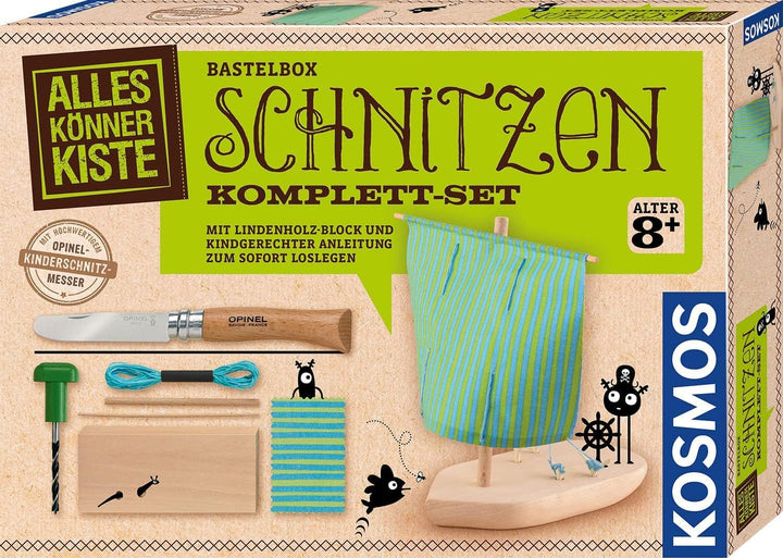 Kosmos 604608 AllesKönnerKiste Schnitzen Komplett-Set, mit Kinder-Schnitzmesser, Lindenholz-Block, B