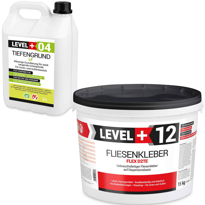 Set 15Kg Weiss Fertig Fliesenkleber Flexkleber + 5L Tiefengrund LF, LEVEL+ SET207
