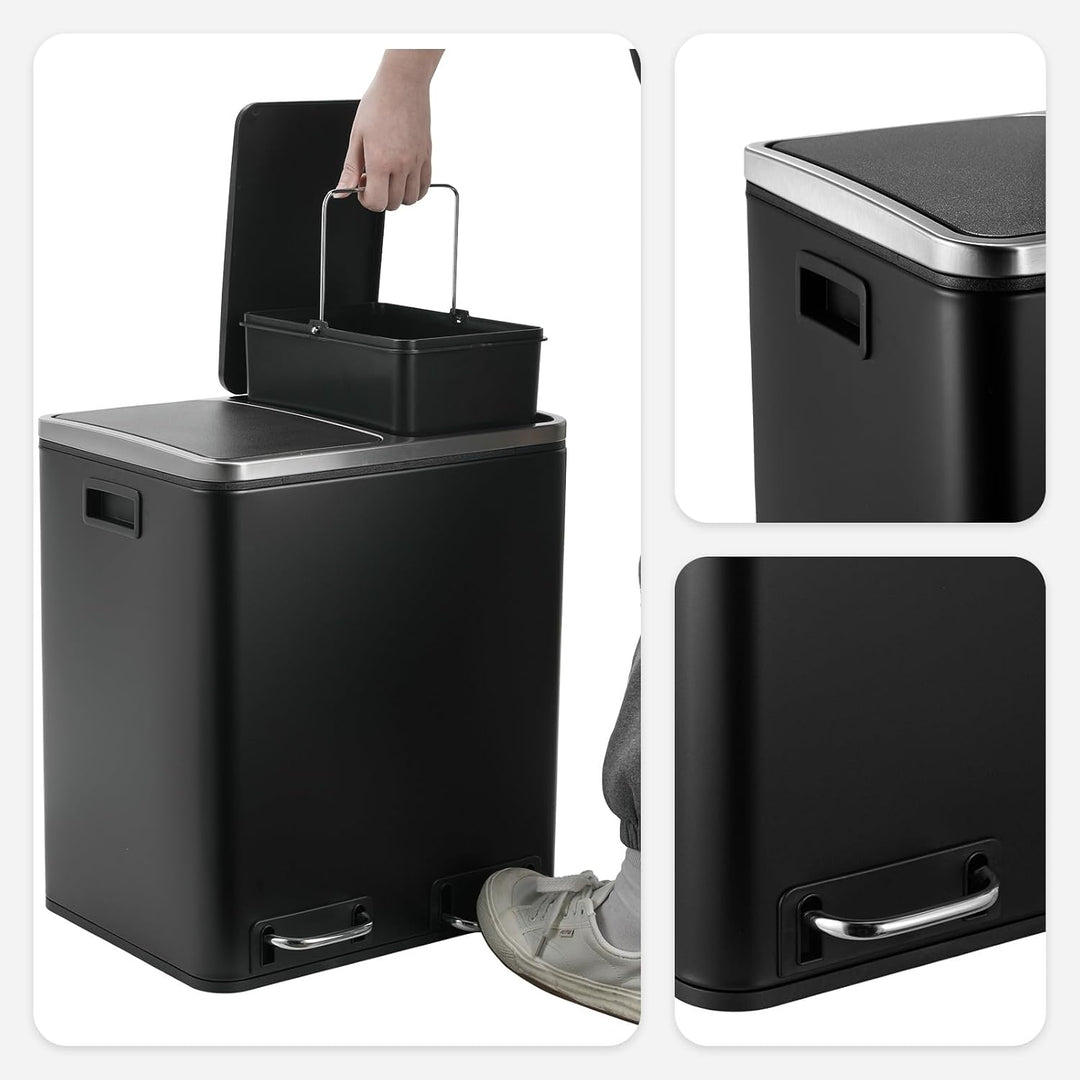 LIFERUN Mülleimer 2 Fächer, 2 x 15 Liter Abfalleimer Küche aus Metall, Softclose Deckel, Inneneimer