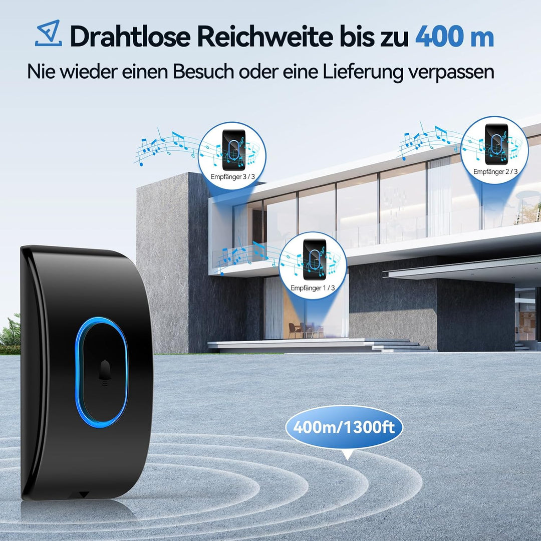 TECKNET Türklingel IP65 Funkklingel Aussen Wasserdicht, 400m Reichweite, Klingelset mit 1 Sender und