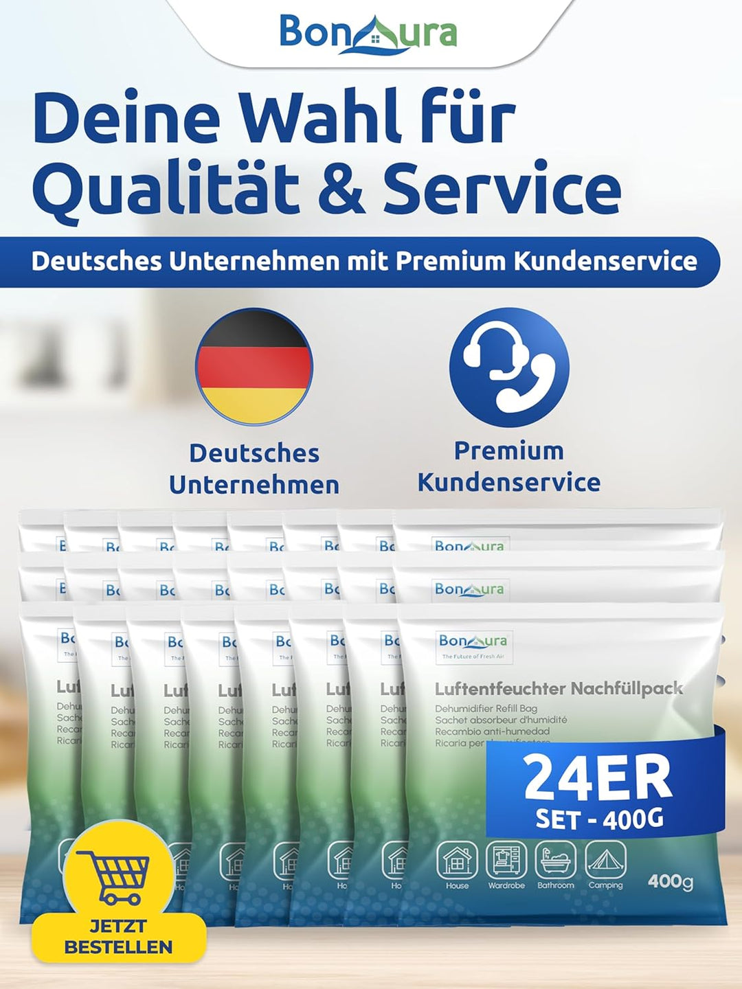 BonAura® Luftentfeuchter Nachfüllpack 24 x 400g - Grosses Sparset Luftentfeuchter Granulat - 24er Se