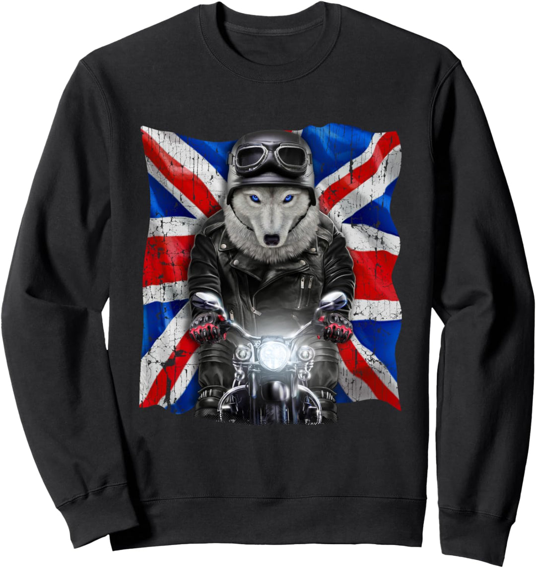 Patriot Wolf auf einem Motorrad mit Union Jack Sweatshirt