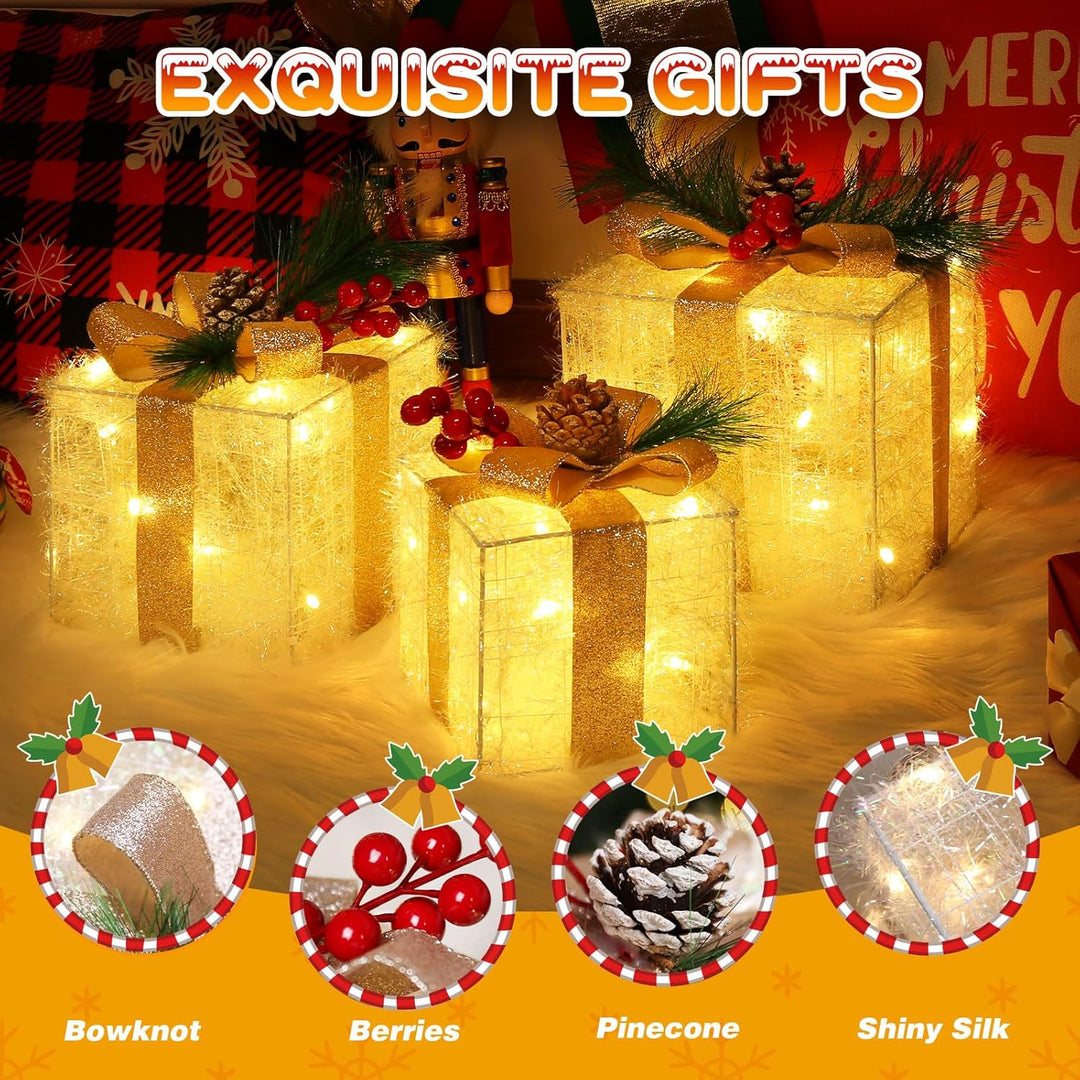 Quntis 3 Set LED Geschenkbox Weihnachten, Weihnachtsdeko Innen Strombetrieben, 60 warmweisse LEDs, B