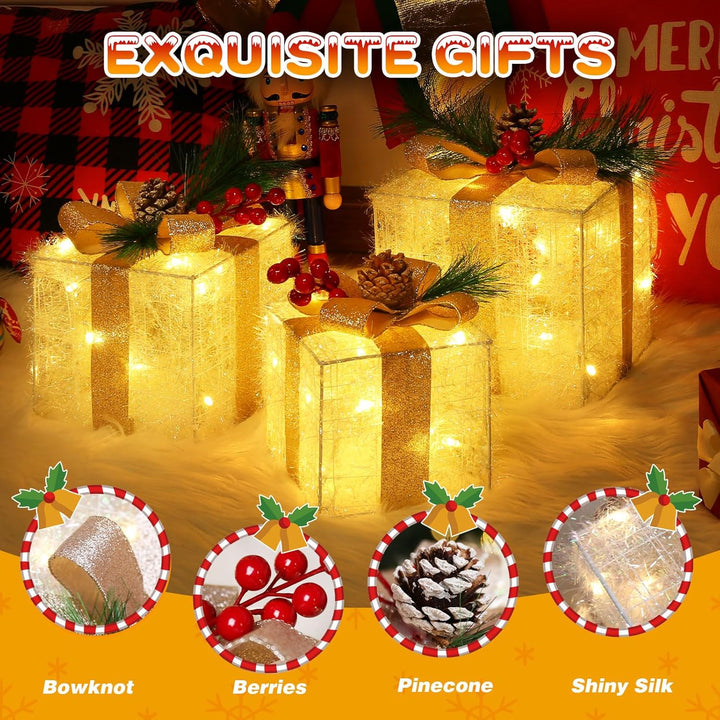 Quntis 3 Set LED Geschenkbox Weihnachten, Weihnachtsdeko Innen Strombetrieben, 60 warmweisse LEDs, B