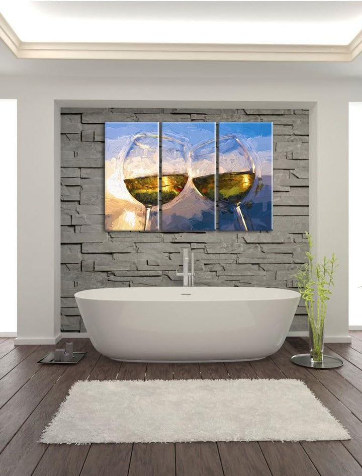 Pixxprint Weingläser im Sonnenuntergang am Meer Pinsel Effekt 3-Teiler Leinwandbild 120x80 Bild auf