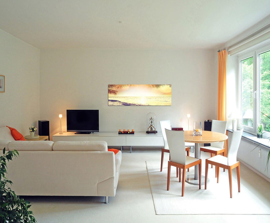 Paul Sinus Art Panoramabild auf Leinwand und Keilrahmen 150x50cm Tropen Strand Meer Sonnenlicht Vint