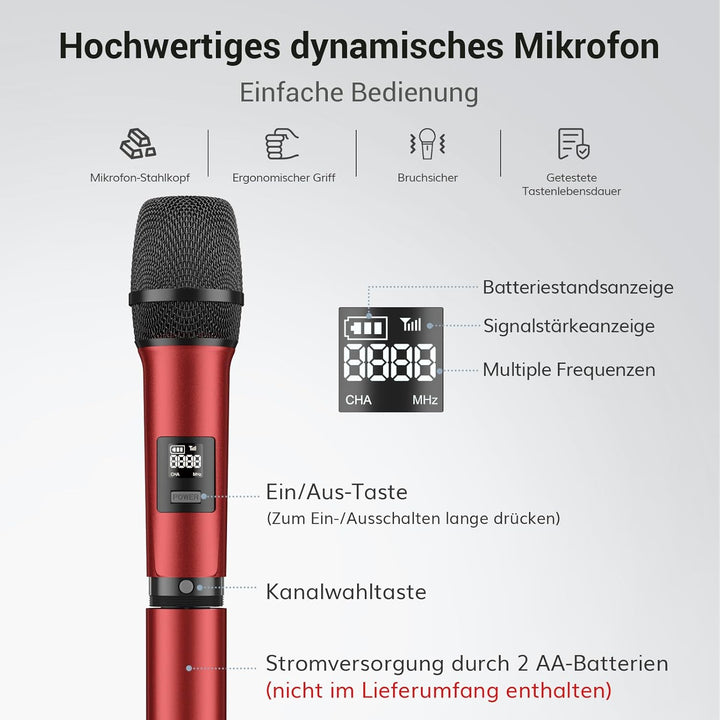 TONOR Dual Mikrofon Kabellos System, Funkmikrofon drahtloses Karaoke Mikro Set Wireless Microphone 6