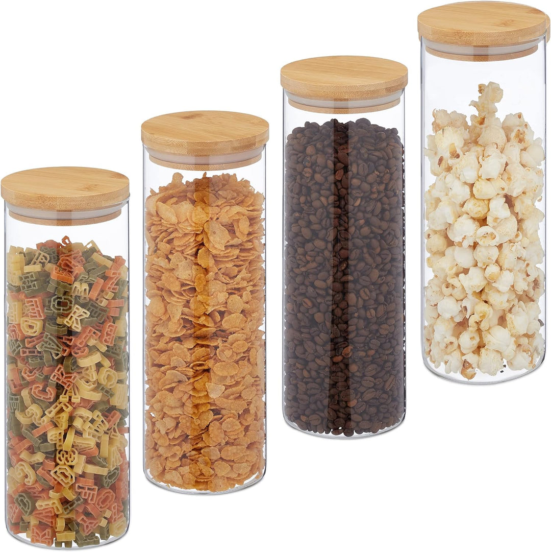 Relaxdays Vorratsgläser mit Bambusdeckel, 4er Set, runde Vorratsdosen aus Glas, 1600 ml, luftdicht,
