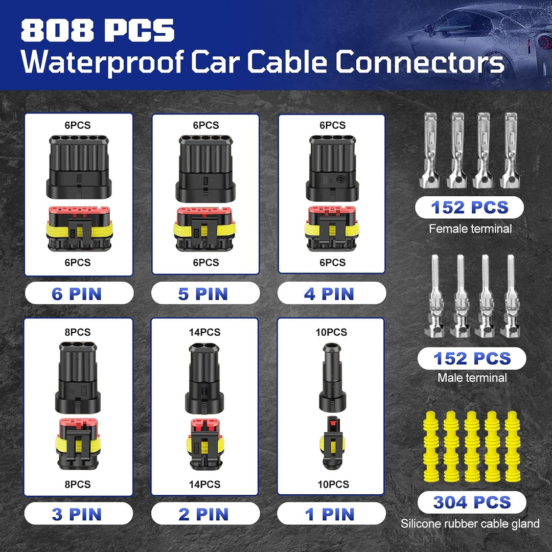 KFZ Stecker Set, 808Pcs KFZ Steckverbinder, wasserdichte Stecker 1/2/3/4/5/5/6 Polig, Superseal Stec