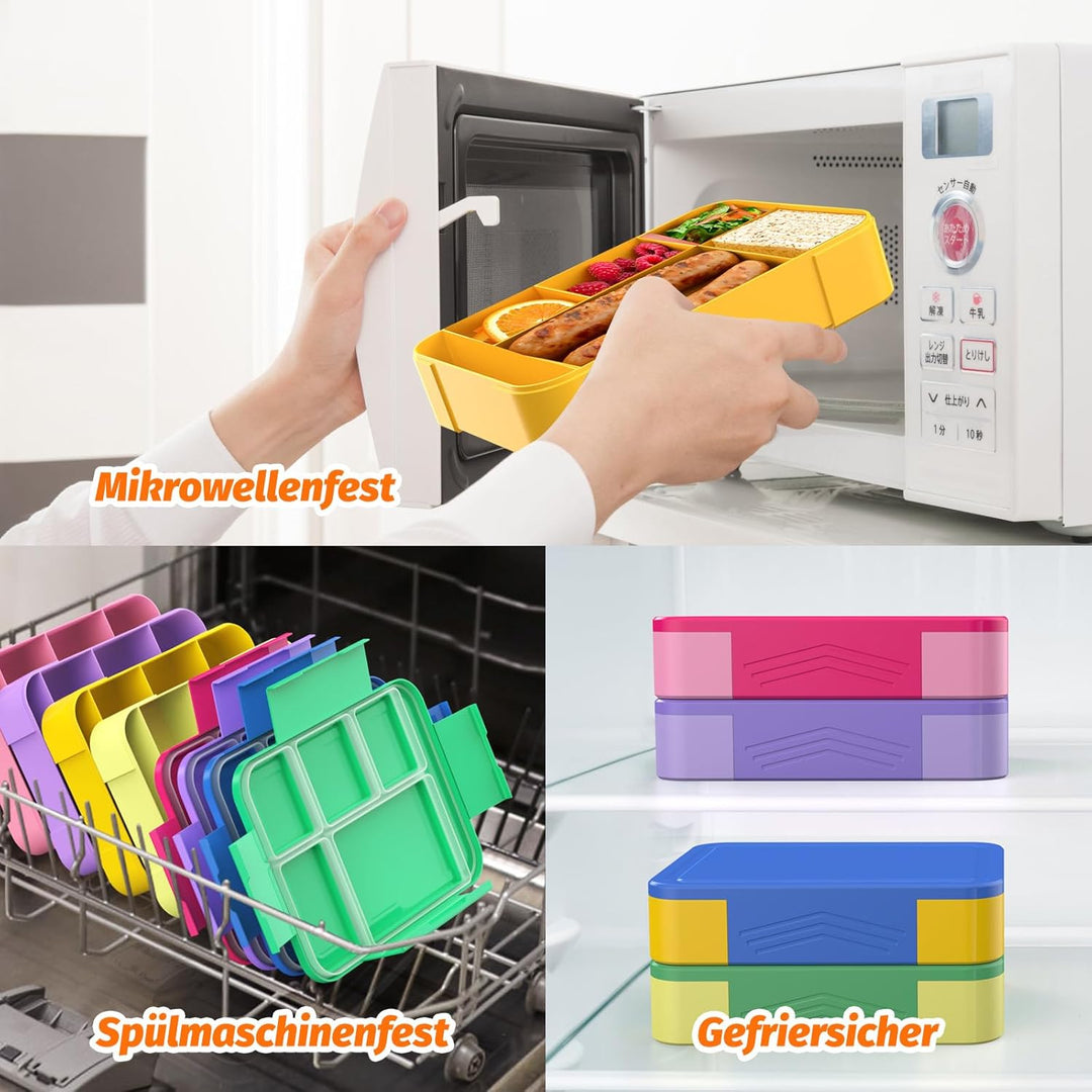 Brotdose Kinder mit Fächern - 1330 ml Fassungsvermögen, auslaufsichere Bento-Box für Kinder, mit 5 F
