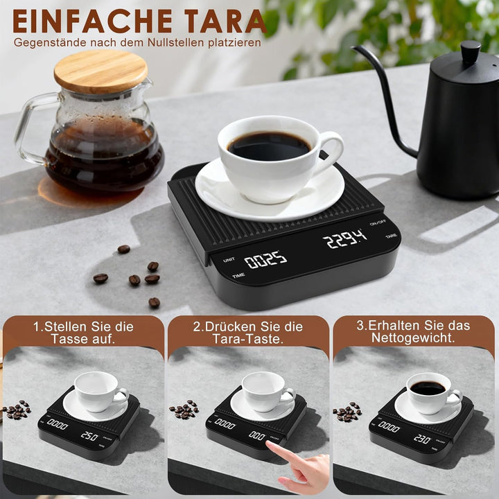 Espresso Waage Mit Timer, 3kg/0,1g Tragbare Digitale Feinwaage Kaffee, USB Wiederaufladbare Espresso