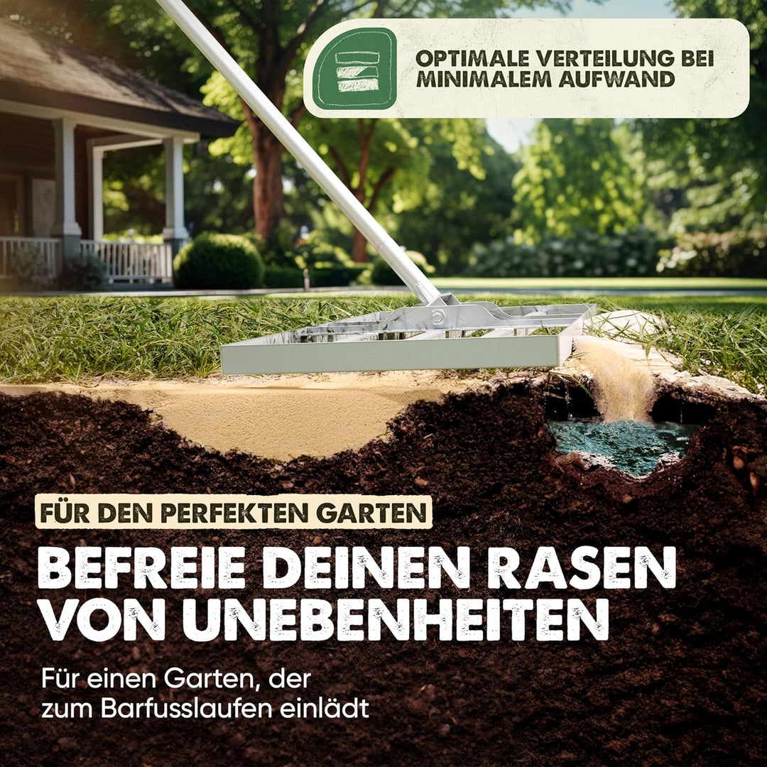 Rasenrakel | 75 x 35 cm | inkl. 1,7m Metall STIEL | Rasen Rakel zum Rasen sanden Rasensand nivellier