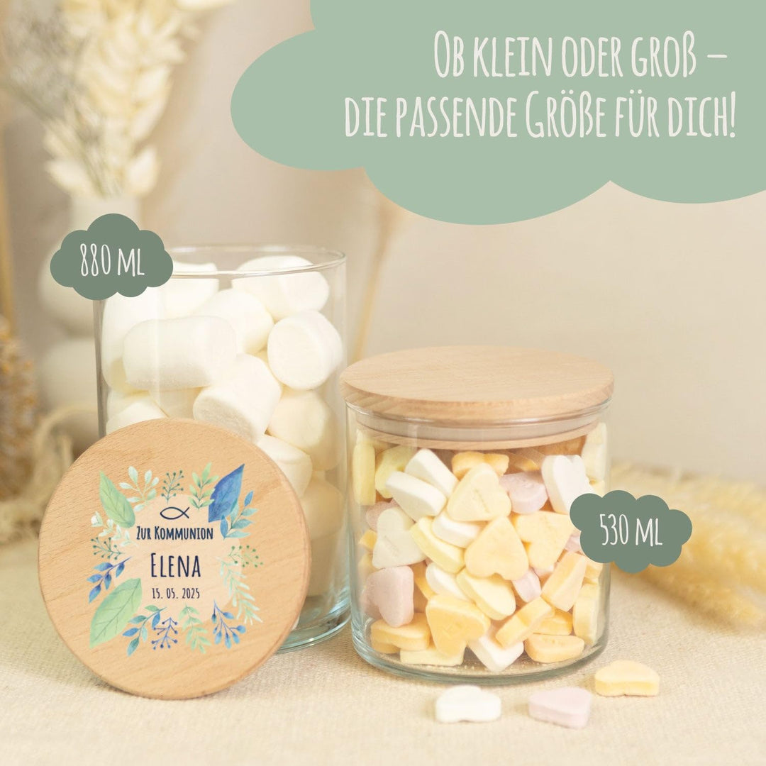 GRAVURZEILE Vorratsglas mit bedrucktem Holzdeckel - Kommunion Pflanzen - Personalisiert mit Name & D