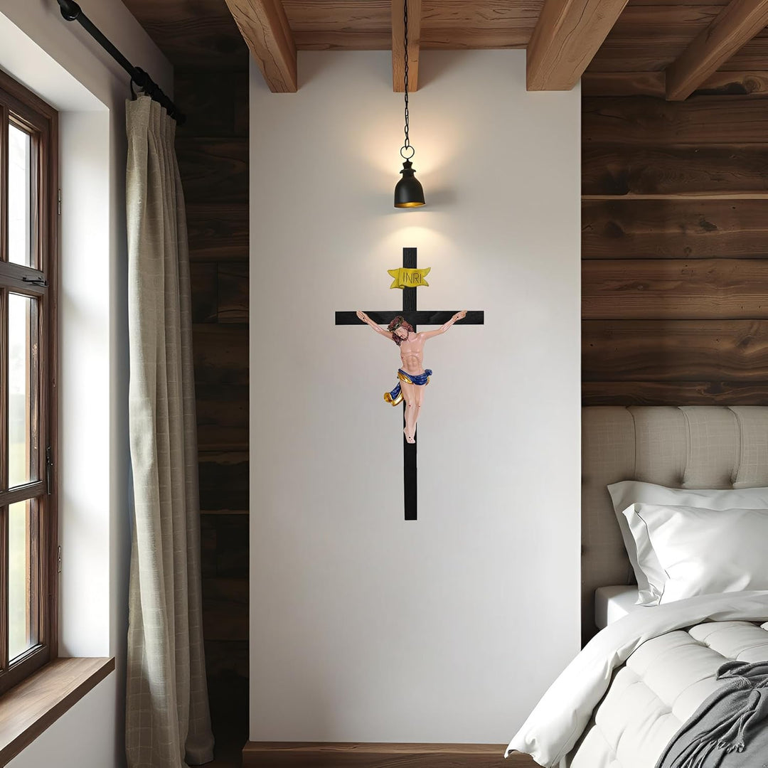 Kaltner Präsente Geschenkidee - 53 cm Wandkreuz Kreuz Kruzifix aus Buche schwarz mit Jesus Christus
