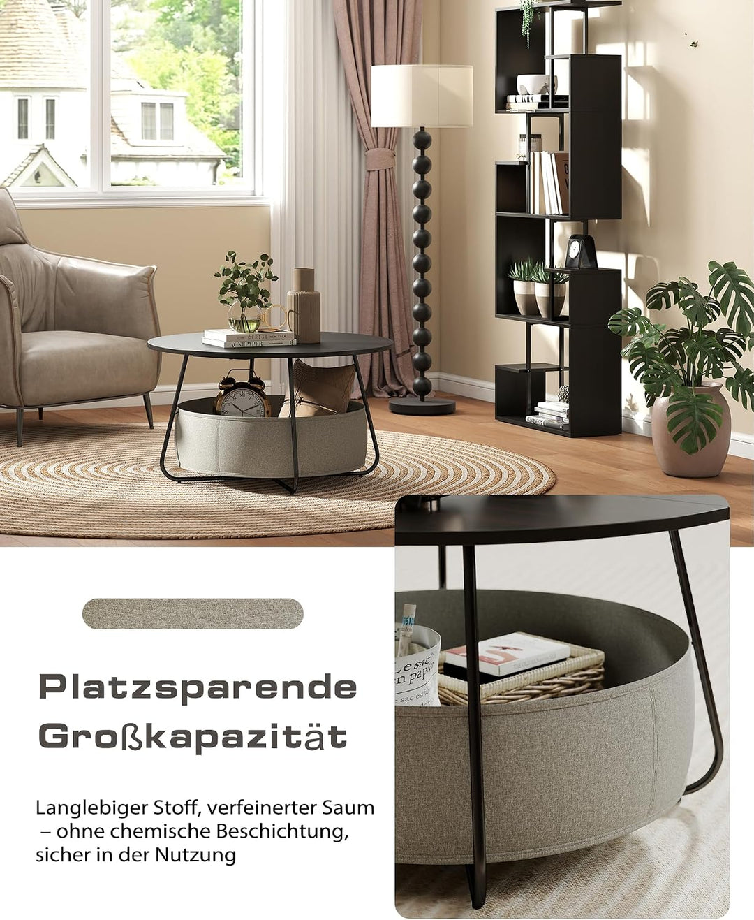 Manora Runder Couchtisch Schwarz mit Stoffkorb & Stauraum,Wohnzimmertisch Rund,Moderner Sofatisch mi
