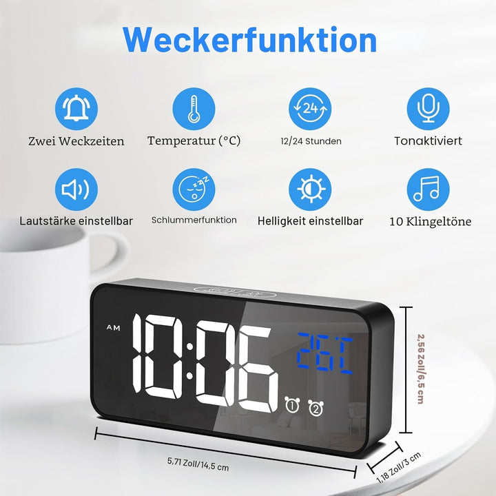 CHEREEKI Digitaler Wecker, LED Digitaluhr mit Temperaturanzeige Tragbarer Spiegelalarm Tischuhr mit