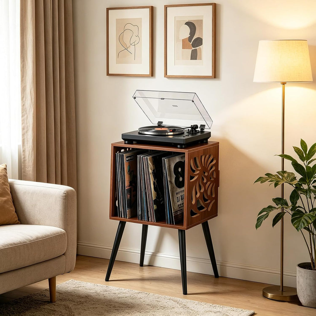 Plattenspieler-Ständer für 80 Alben LP Regal Holz Mid-Century Retro | Schallplattenregal mit Monster