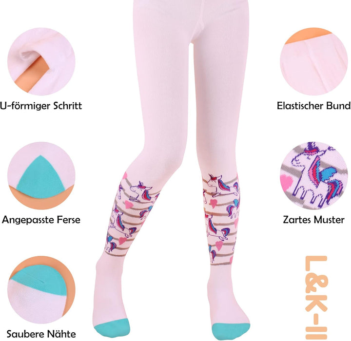 L&K-II 6er Pack Kinder Strumpfhose Mädchen Strumpfhose für Mädchen mit Einhorn Mustern und Farben in