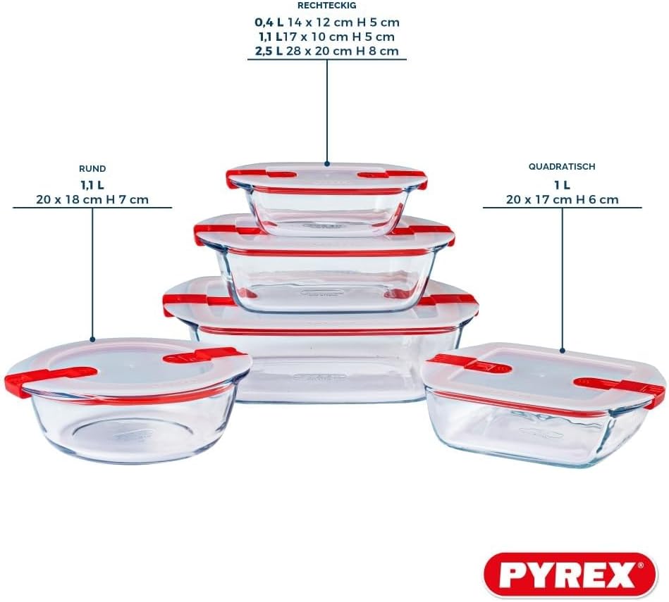Pyrex® - Cook & Heat - 5 Stück Glasschalen mit luftdichten Deckeln, mikrowellengeeignet, BPA-frei